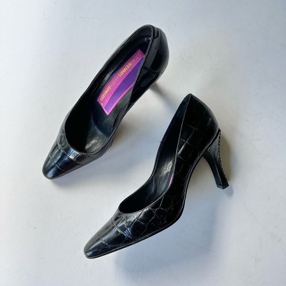 Vintage Susan Bennis Warren Edwards Black Leather Crocodile Embossed Pumps 7.5